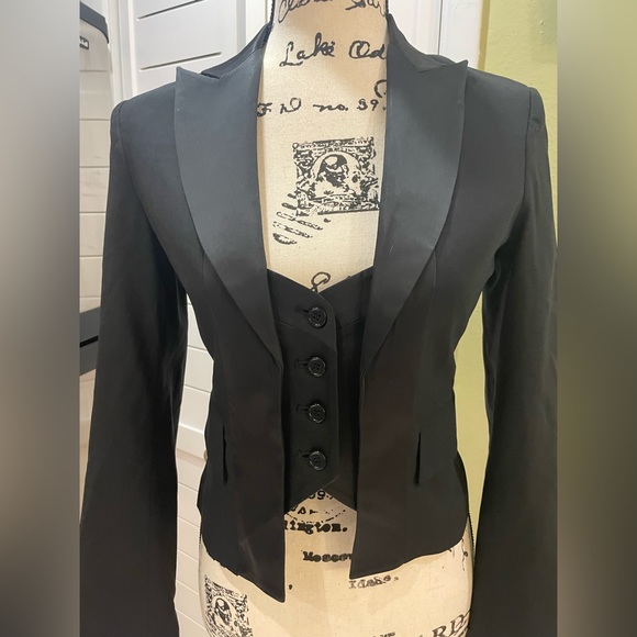 BCBGMaxAzria Tux Style Wool Cropped Blazer Built in Vest Black Shimmer Jacket XS - Picture 8 of 16